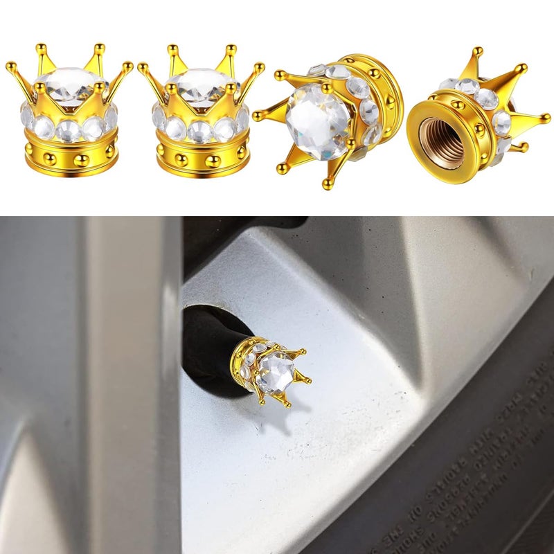 smilfuy 4PCS Crown Tire Valve Stem Caps, Bling Handmade Crystal Rhinestone Wheel Tire Valve Caps Covers Chrome, Attractive Dustproof Bling Car Accessories, Universal for Car SUV Truck (White Gold) - Image 1